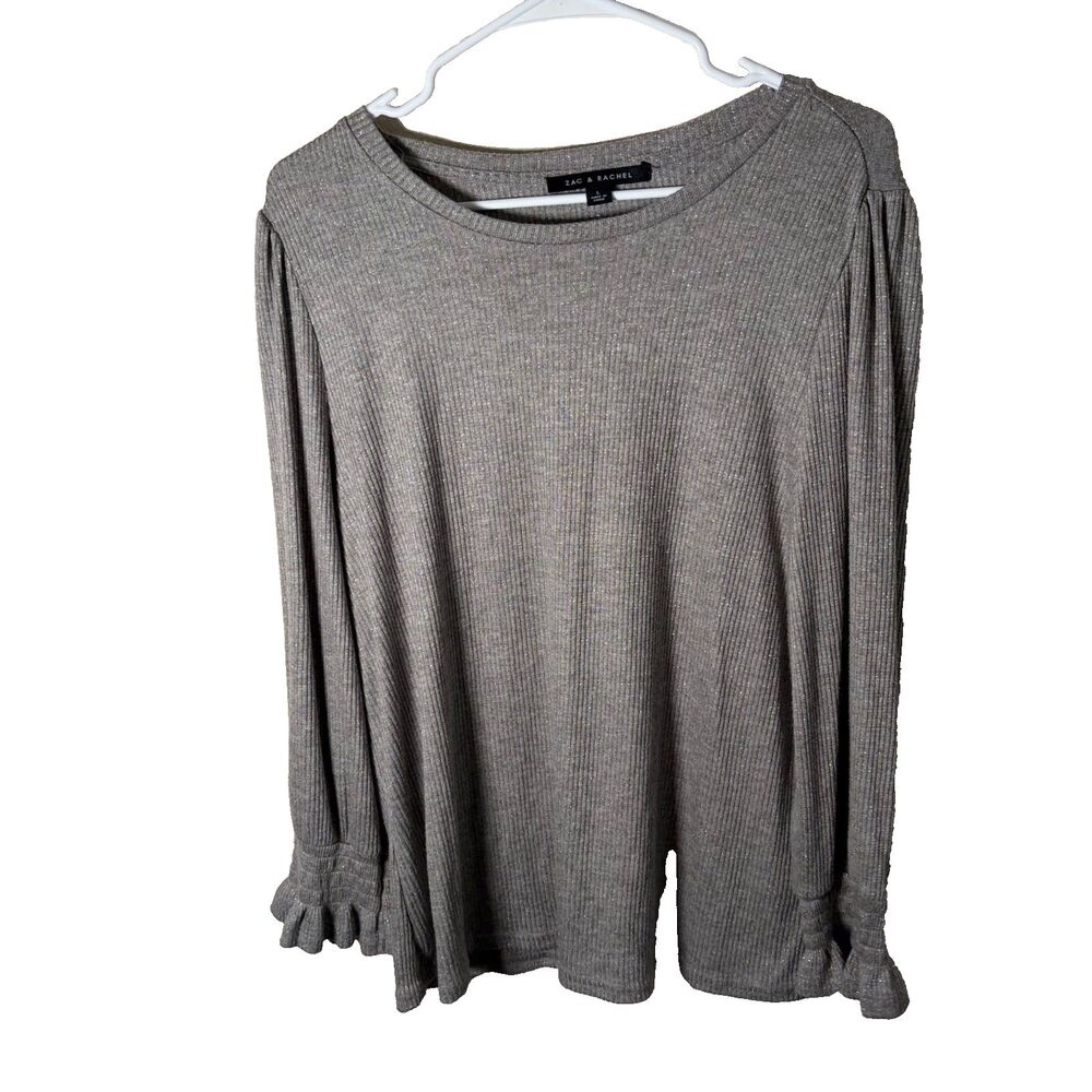 Zac & Rachel T-Shirt Women's Large Gray Ribbed Ruffle Long Sleeve Top Metallic